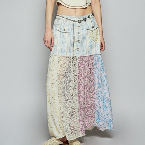 POL Dresses & Skirts - POL Button Frayed Lace Floral Print Patchwork Maxi Skirt – Size Medium